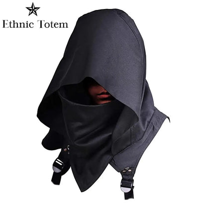 Men's Medieval Vintage Pirate Cosplay Mask Hooded Cloak Black White Gothic Punk Button Hood Face Shield Halloween Costumes