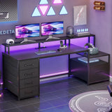 Escritorio de computadora con 5 cajones, toma de corriente y luces LED, escritorio de oficina en casa de 66'' con cajón para archivos, almacenamiento y estante para monitor