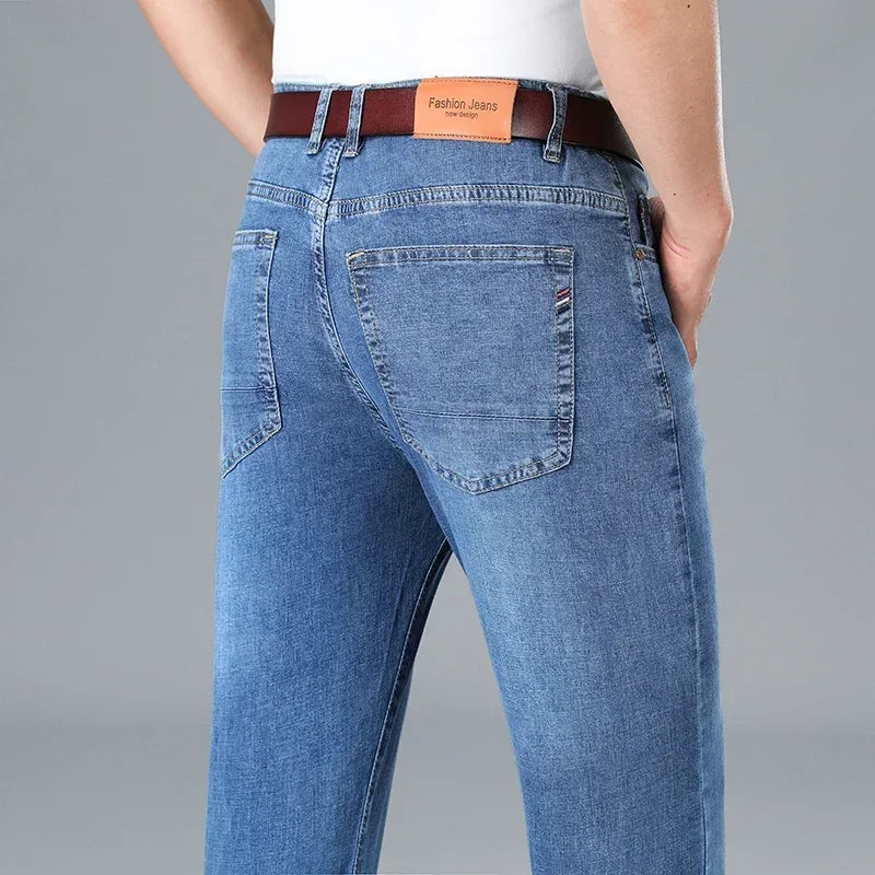 2024 Brand Thin or Thick Material Men's Elastic Cotton Jeans Fashion Gray Comfortable Denim Business Casual High Waist Pants