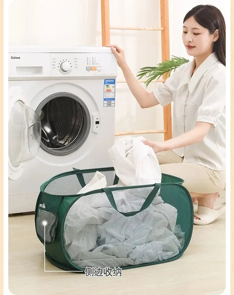 Durable Collapsible Laundry Basket, Mesh Pop Up Laundry Hamper With Side Pocket, Foldable Clothes Storage Hamper With Reinforced