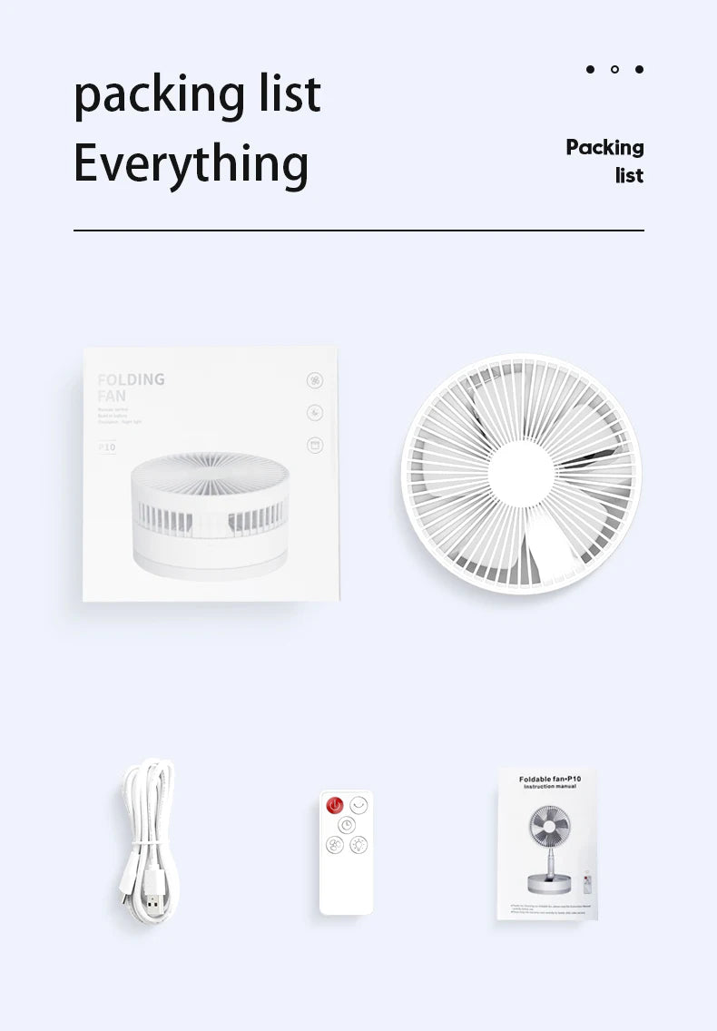 P10 10800mAh Folding Portable Fan USB Remote Control Air Cooler Silent Rechargeable Wireless Floor Standing Fan for Camping Desk