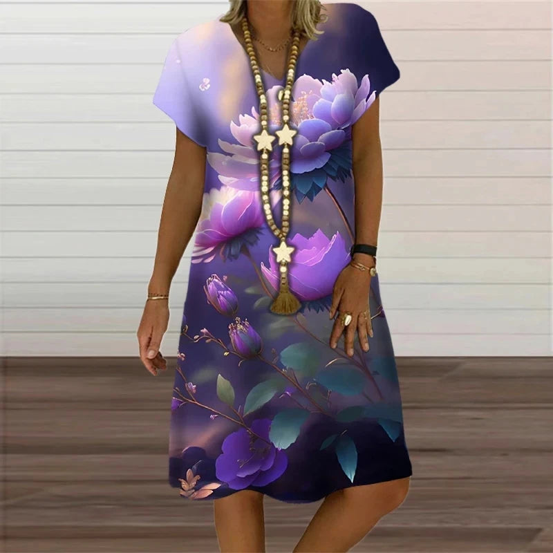 6XL Summer Plus Size Dresses Women Plant Flower Print Loose Dress Casual V-Neck Short Sleeve Knee-Length Dress Vestidos Sundress