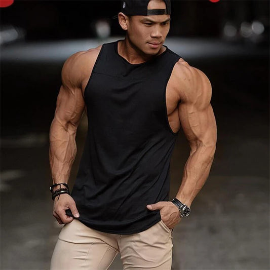 Solid Color Gym Bodybuilding Fitness Tank Tops Cotton Sleeveless Breathable Cool Sport Shirt Men's Loose Workout Muscle Singlets