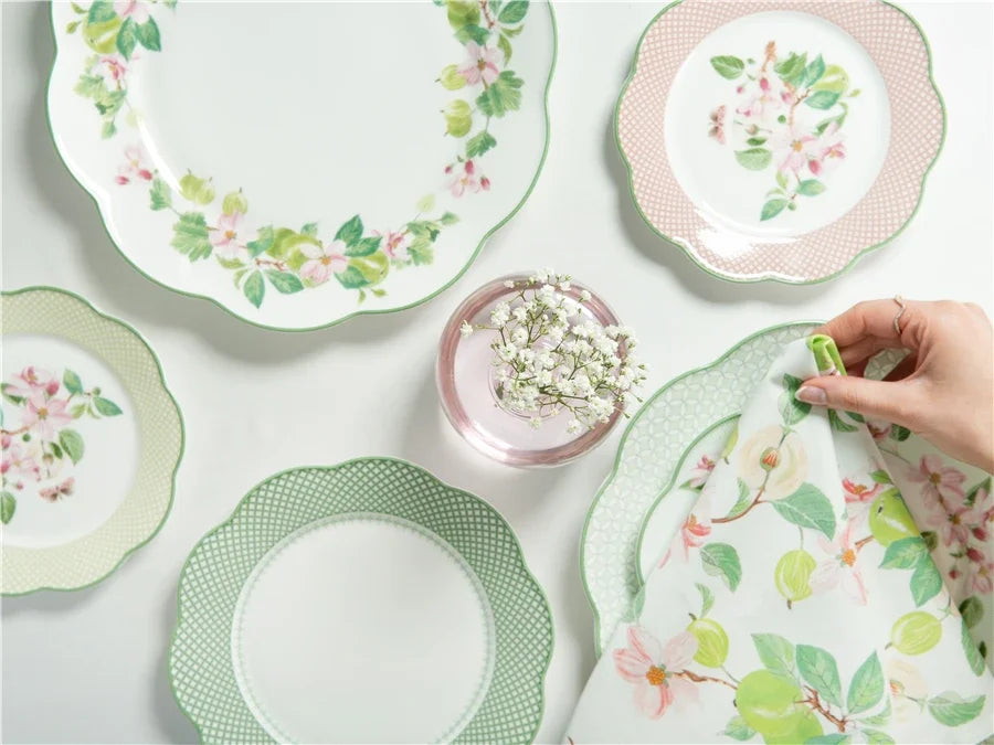 Ceramic Plate Household Bone China Dinner Plate Set Vintage Green Flower Dishes Tableware Oval Large Tray Dinnerware Sets