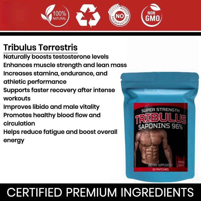 Tribulus Terrestris 5000mcg Extract 96% Saponins - Testosterone Booster Transdermal Patches, 30 Patches