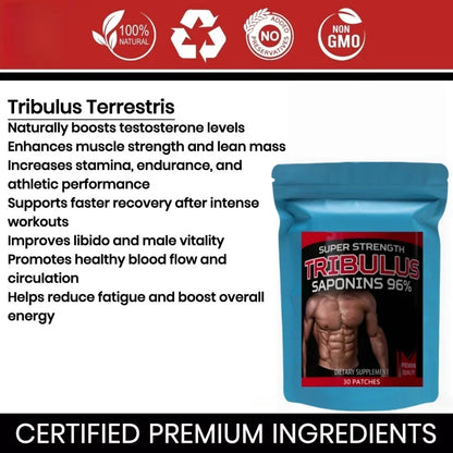 Tribulus Terrestris 5000mcg Extract 96% Saponins - Testosterone Booster Transdermal Patches, 30 Patches