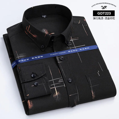 Latest Men's Dress Shirts Spring Autumn Non-iron Anti-wrinkle Business Casual Print Thin Plaid Soft Slim Fit Chemise Homme