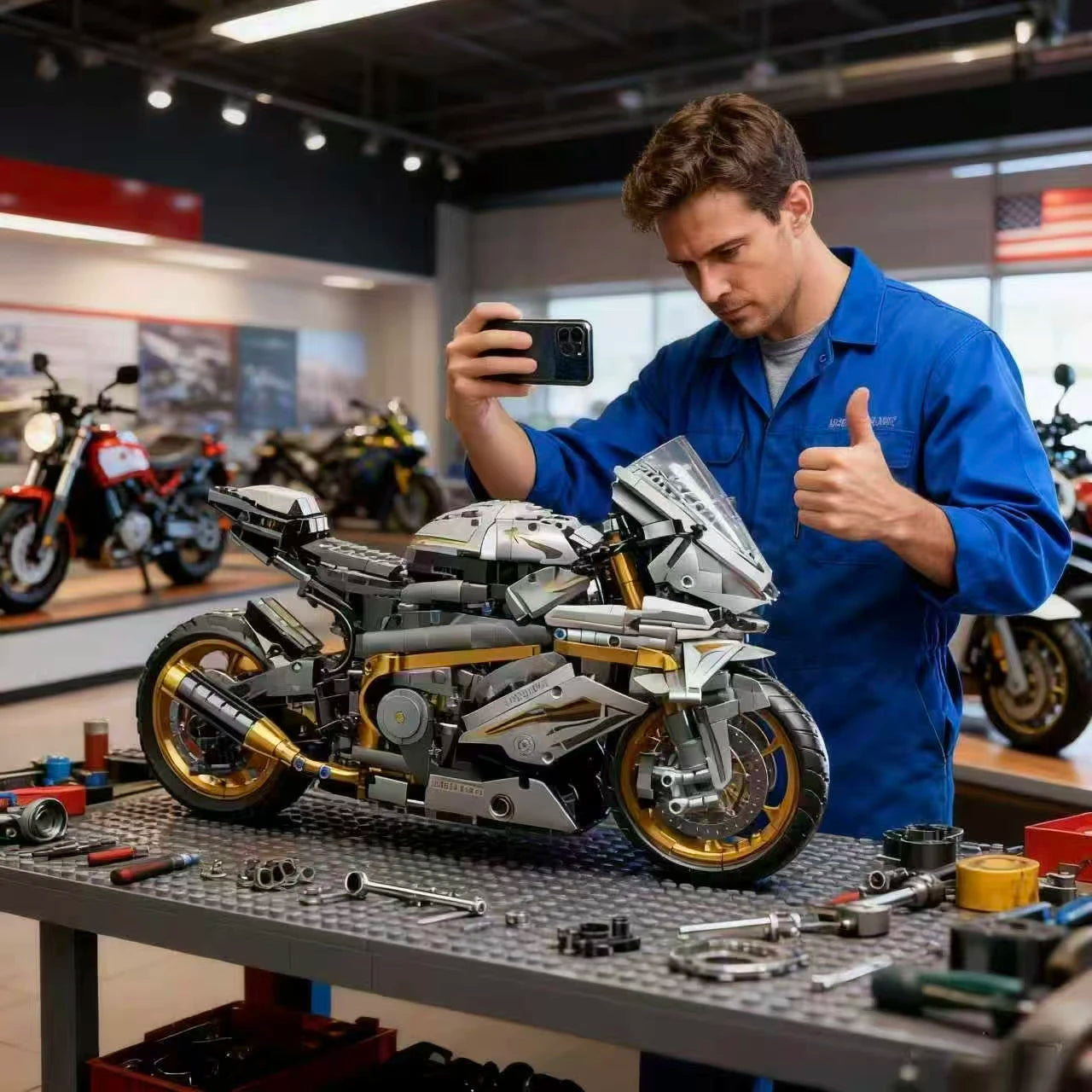 2431 Pieces of White Gold Motorcycle Building Blocks, Easy to Assemble for Ages 14 and Up, Perfect Gift for Birthdays, Christmas, Halloween and New Year Parties