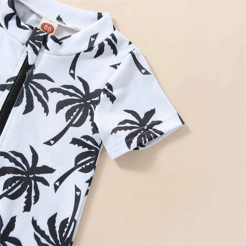 Newborn Baby Infant Boys Swimsuit with Hat Cartoon Tree Print Short Sleeve Round Neck Half Zipper Jumpsuit Bathing Suit