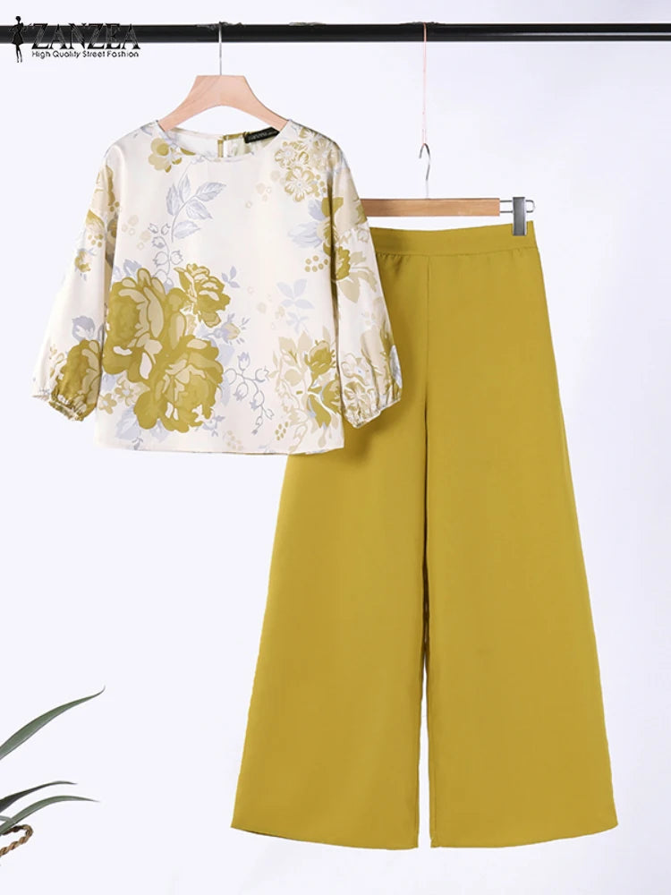 ZANZEA - Conjunto de 2 piezas de chándal para mujer, pantalones de primavera, blusa de manga 3/4, pantalones de pierna ancha, traje informal, conjunto estampado a juego