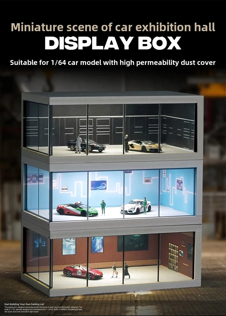 1/64 Simulated Alloy Car Model Showroom for Boy Miniature Acrylic Parking Lot Car Display Stand with Lights Kids Collection Toys