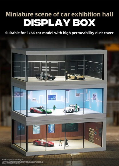 1/64 Simulated Alloy Car Model Showroom for Boy Miniature Acrylic Parking Lot Car Display Stand with Lights Kids Collection Toys