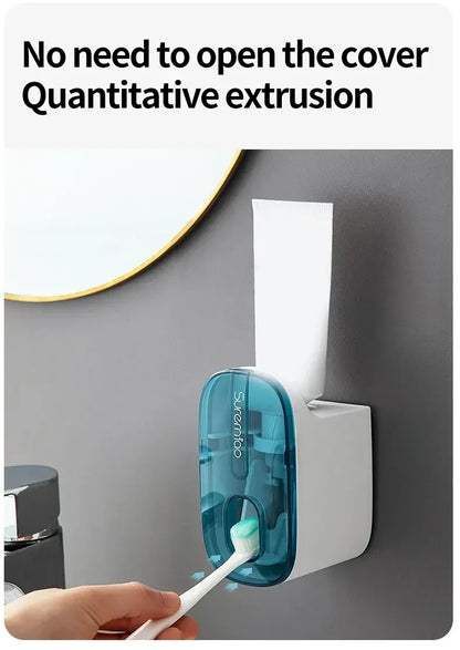 1 dispensador de pasta de dientes, accesorio de baño, exprimidor de pasta de dientes de pared, soporte para cepillo de dientes.
