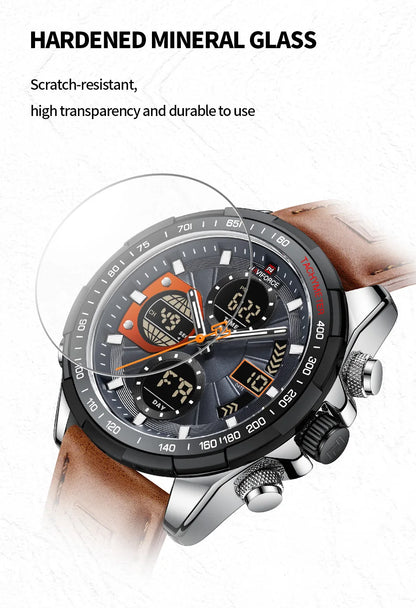 NAVIFORCE 2021 - Reloj deportivo para hombre, resistente al agua, con pantalla dual, luminoso, de cuarzo y cuero genuino, masculino