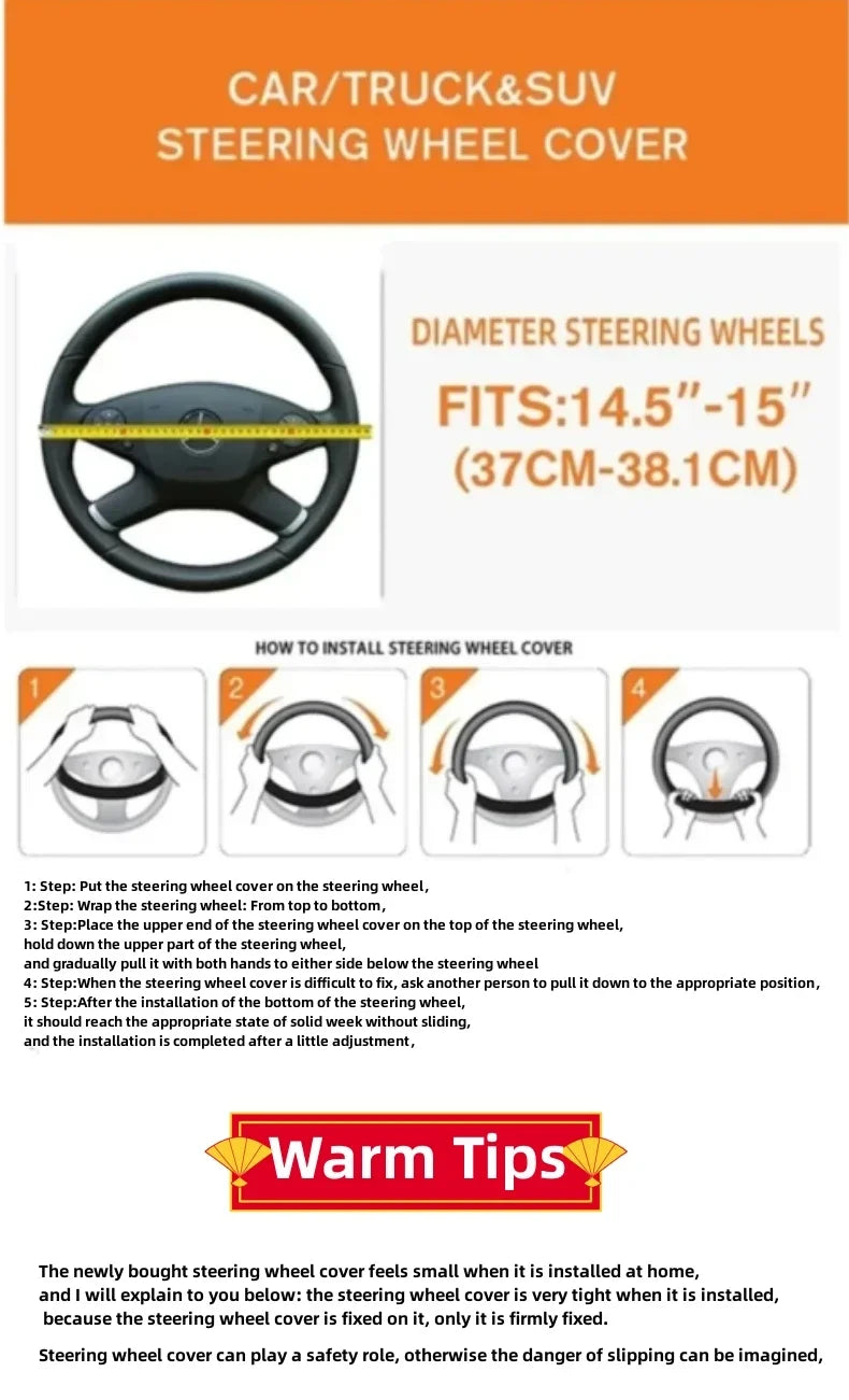 38cm Steering Wheel Cover PU Leather Anti Slip Steer Wheel Protector Breathable Fiber Braid Universal Steering Cover