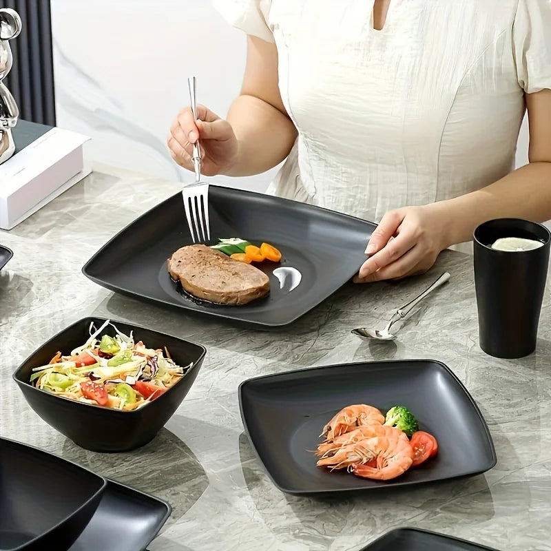 16-Piece Square Dinnerware Set - Heavy Duty Ceramic Plates, Bowls, Cups | Dishwasher & Microwave Safe for Everyday Use