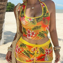 Ladies plus Size Tropical Vacation Fashion Print Tie-Neck Top And Sporty Casual Printed Shorts Two-Piece Set