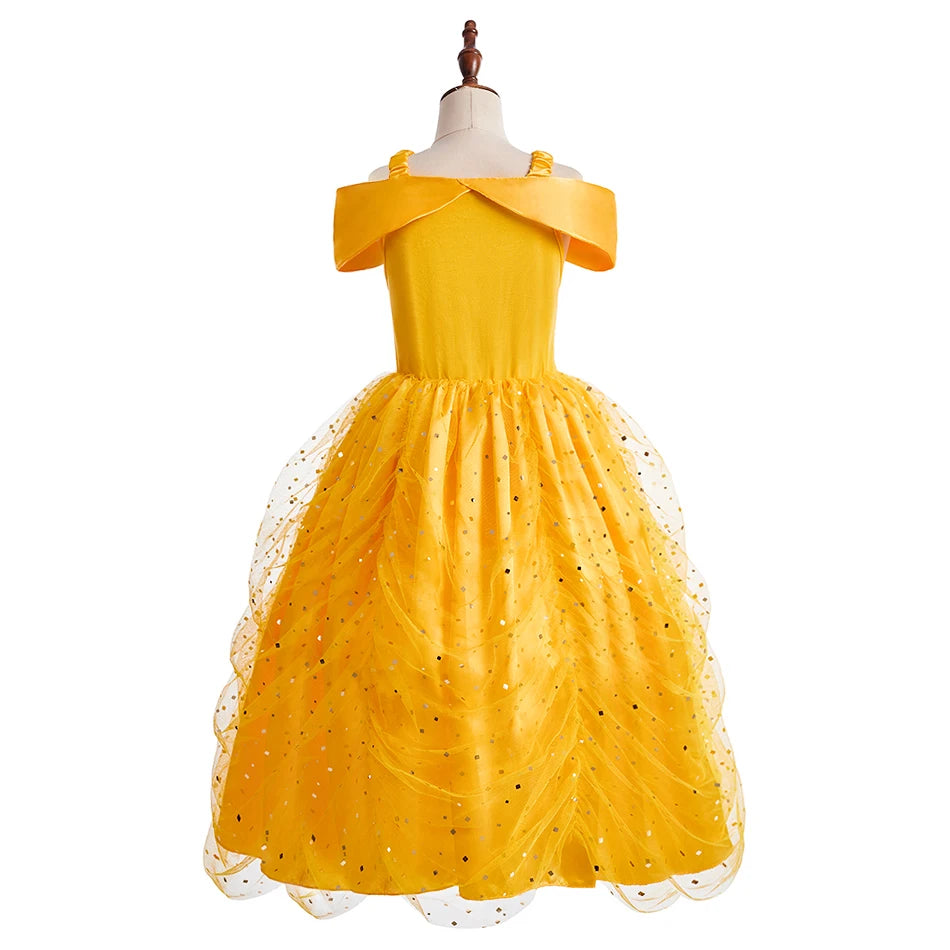Children Princess Costume Kids Halloween Carnival Beauty Beast Birthday Party Clothes Girl Yellow Belle Cosplay Dress Up