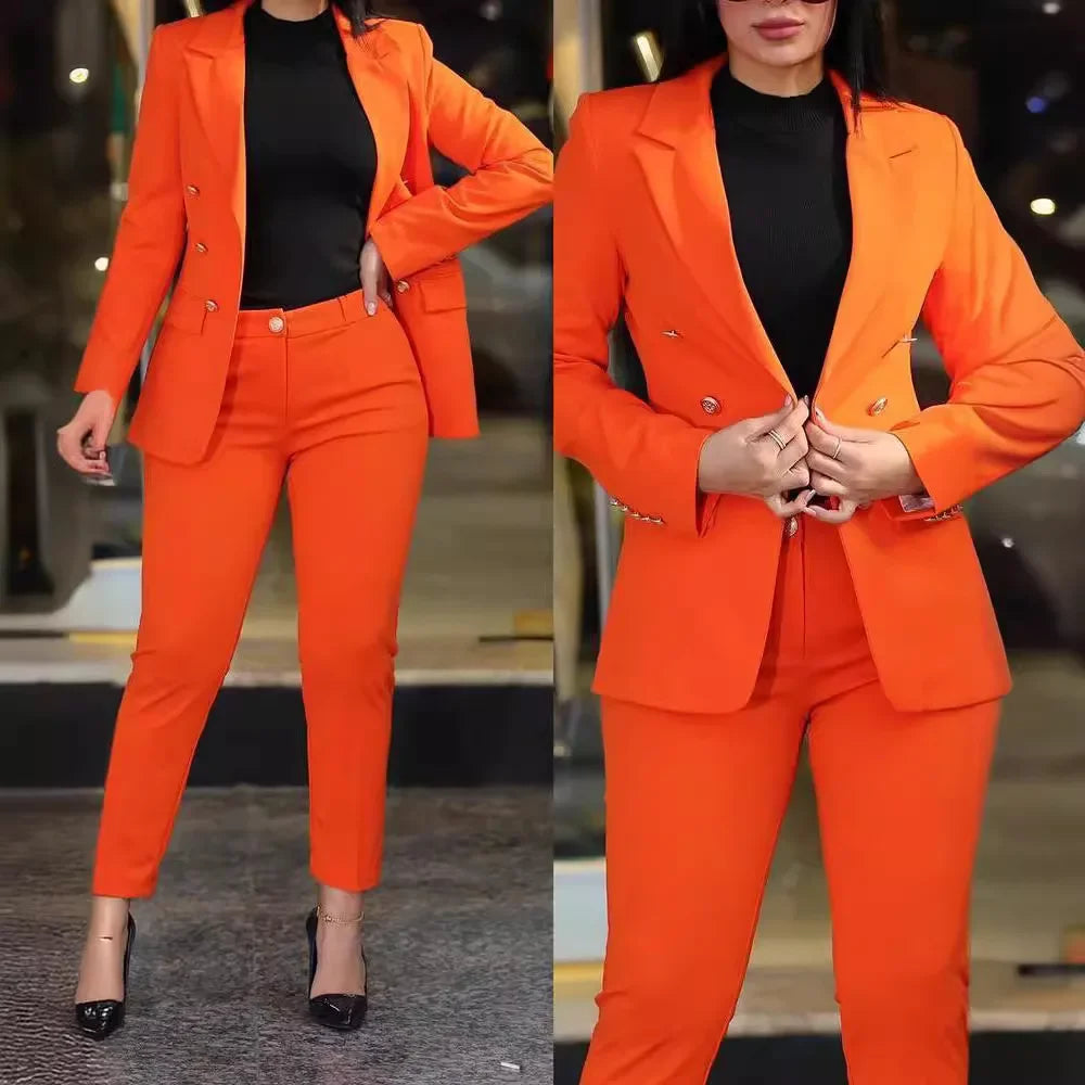 Conjunto de 2 piezas de ropa de oficina para mujer, chaqueta blazer de manga larga y pantalones pitillo de cintura alta, color liso