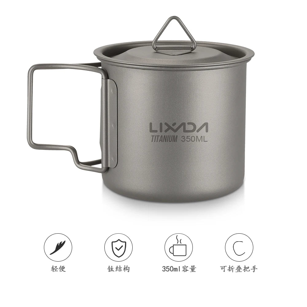 Taza de agua ultraligera de titanio Lixada con asa plegable, portátil para exteriores, camping, picnic, 300 ml/350 ml/550 ml/650 ml