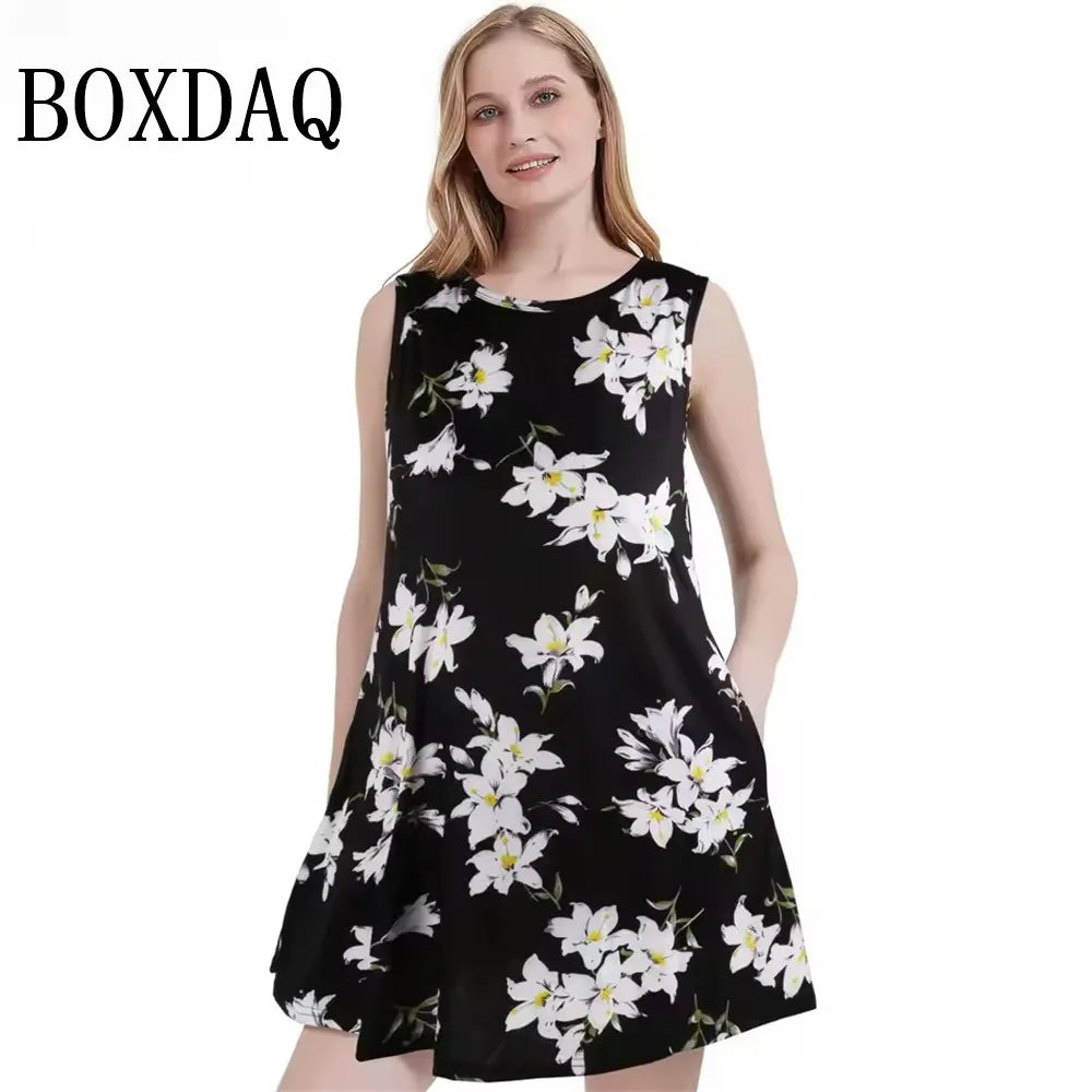 Summer Dresses For Women Casual Beach Sleeveless Floral Print Tank Loose Sundress With Pockets Women's Plus Size Dress 8XL 9XL