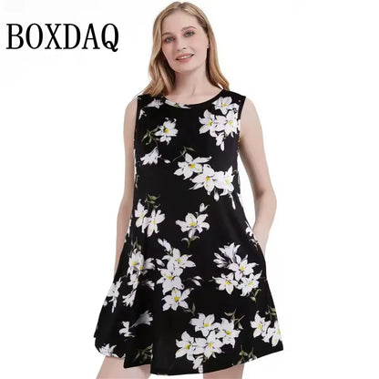 Summer Dresses For Women Casual Beach Sleeveless Floral Print Tank Loose Sundress With Pockets Women's Plus Size Dress 8XL 9XL