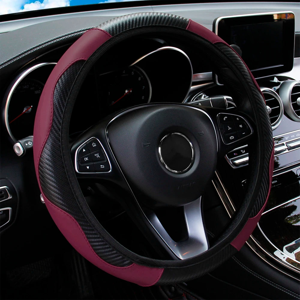 PU Carbon Fiber Leather Car Steering Wheel Cover without Inner Ring Suitable for 14.5-15 Inches Auto Supplies