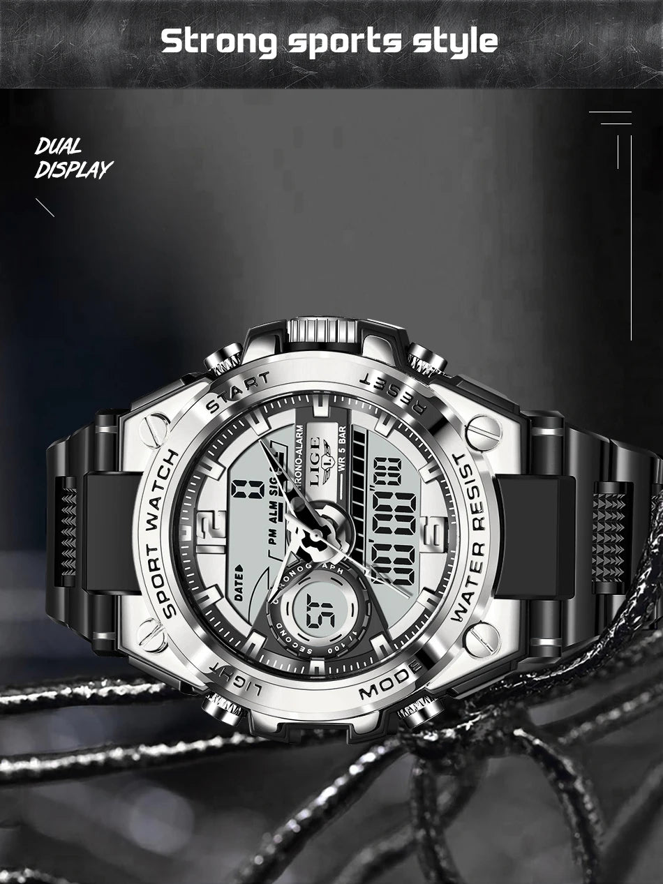 Reloj militar LIGE para hombre, digital, resistente al agua hasta 50 m, LED, de cuarzo, deportivo, grande, Masculino