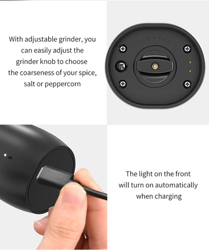 Molinillo de pimienta eléctrico recargable, molinillos de sal y pimienta con luz LED, molinillos de grosor ajustable, carga USB, molinillo de especias