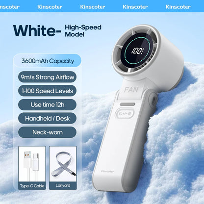 KINSCOTER Portable Air Cooling Turbo Fan 3600mAh 100 Wind Speeds Adjustable Outdoor Foldable Student Handheld Fan with Lanyard