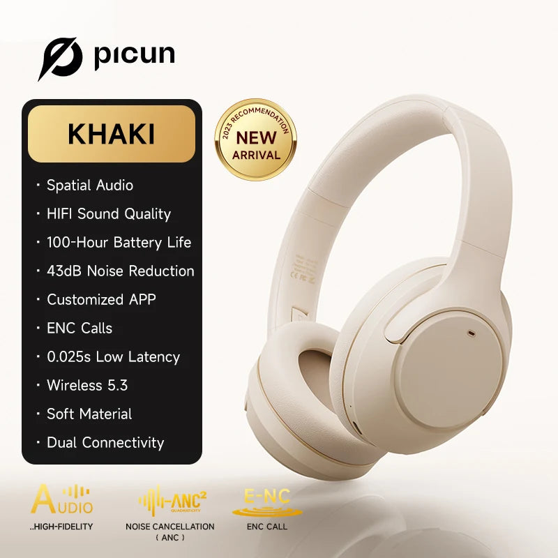 Picun F2 Hybrid Active Noise Canceling Headphones with Built-in Microphone, Spatial Audio Mode, 50H Playing Time Hi-Res Audio