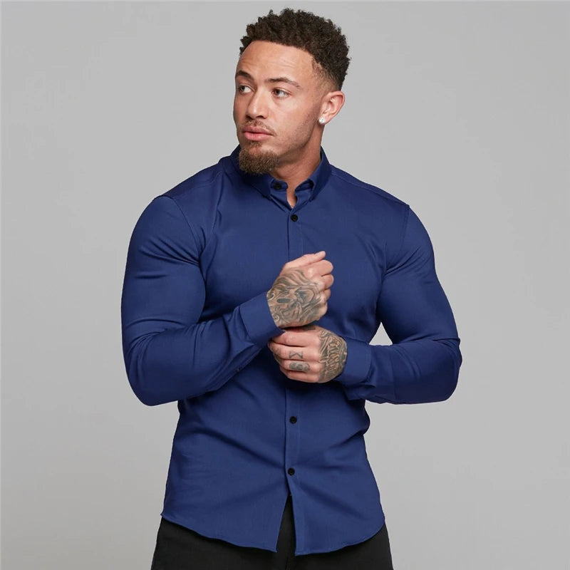 Men's Fitness Micro-bomb Long Sleeve Tee Tops Slim Fit Thin Breathable Muscle T-Shirt Turn Down Collar Business Non-Iron Shirts