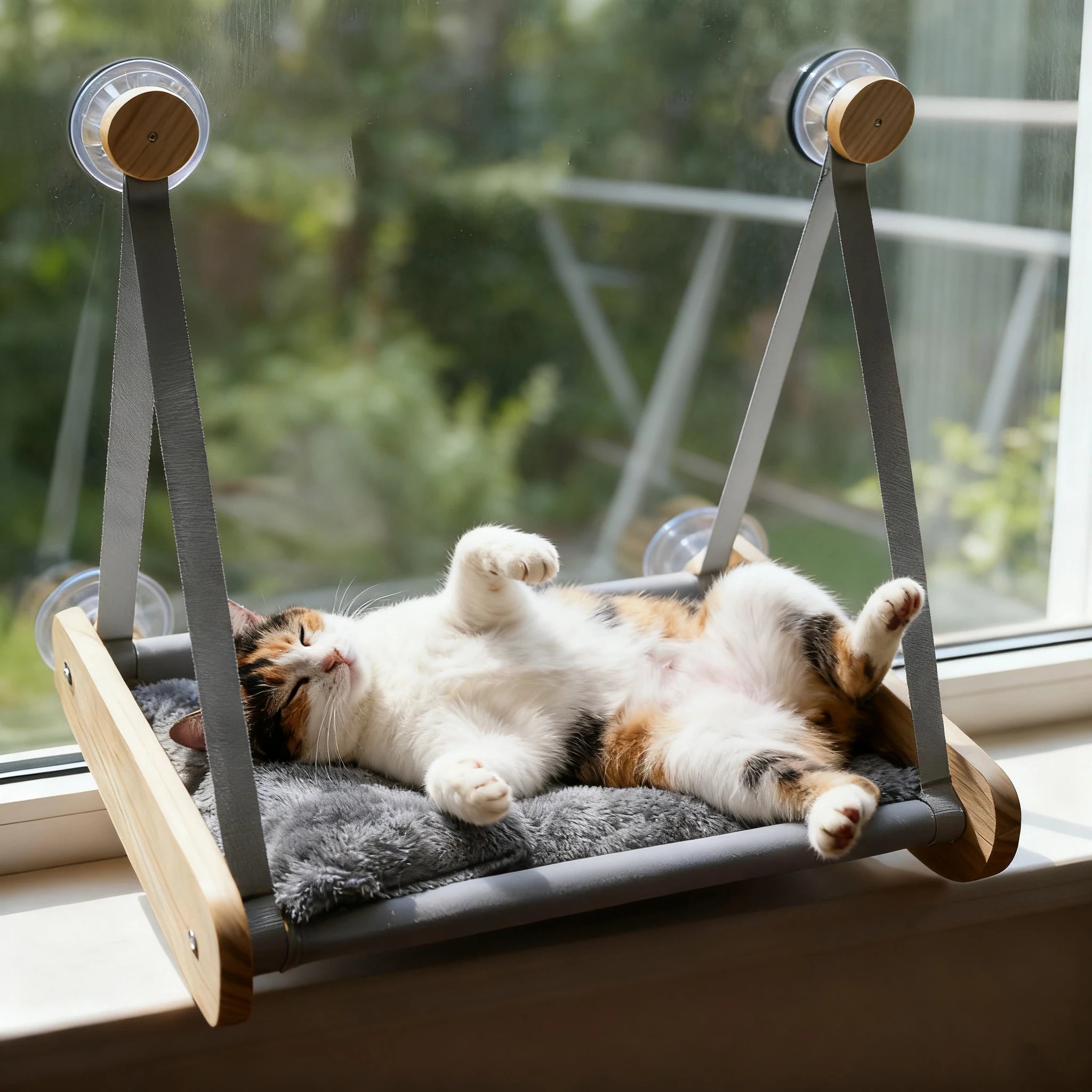 Wooden Cat Hammock with Suction Cups, Wall Mounted Sunning Lounge with Plush Pad - Cozy Hanging Bed for Indoor Cats