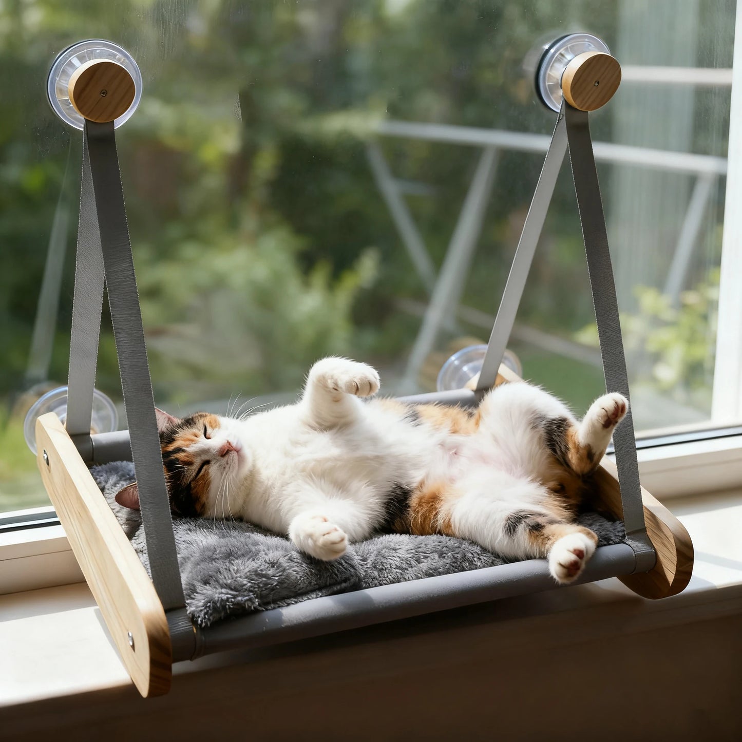 Wooden Cat Hammock with Suction Cups, Wall Mounted Sunning Lounge with Plush Pad - Cozy Hanging Bed for Indoor Cats