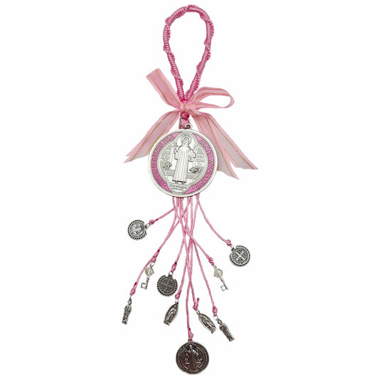 Medalla de San Benito con protección y bendición, esmalte rosa de doble cara, medalla católica de San Benito, dije de cruz, regalo de Pascua
