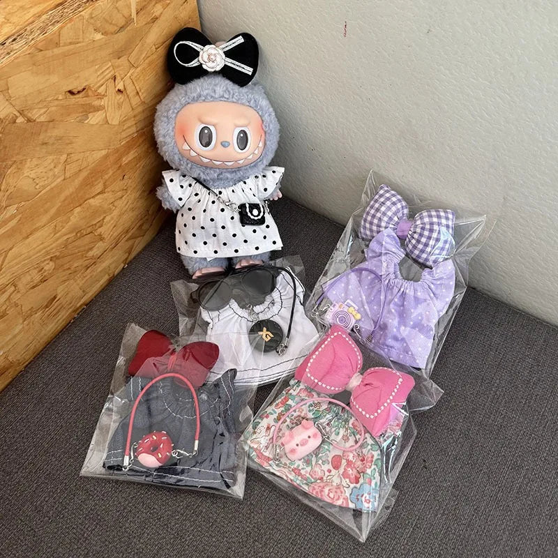 For 17cm Labubu Doll Luxury Brand Design DIY Accessories Dress Sweater Overalls T-shirt Hat Set For Labubu Trendy Clothing Gift