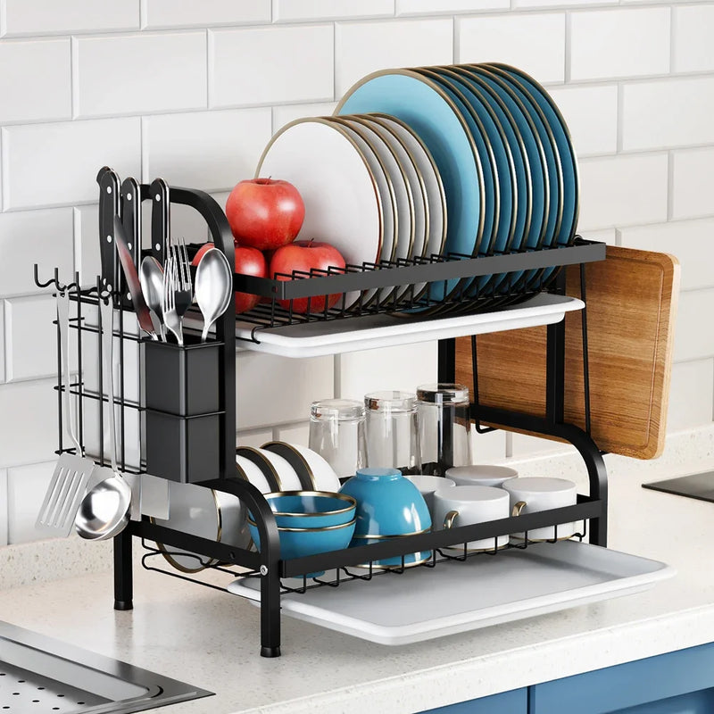 2-Tier Dish Drying Rack Adjustable Kitchen Plates Organizer with Drainboard Over Sink Countertop Cutlery Storage Holder