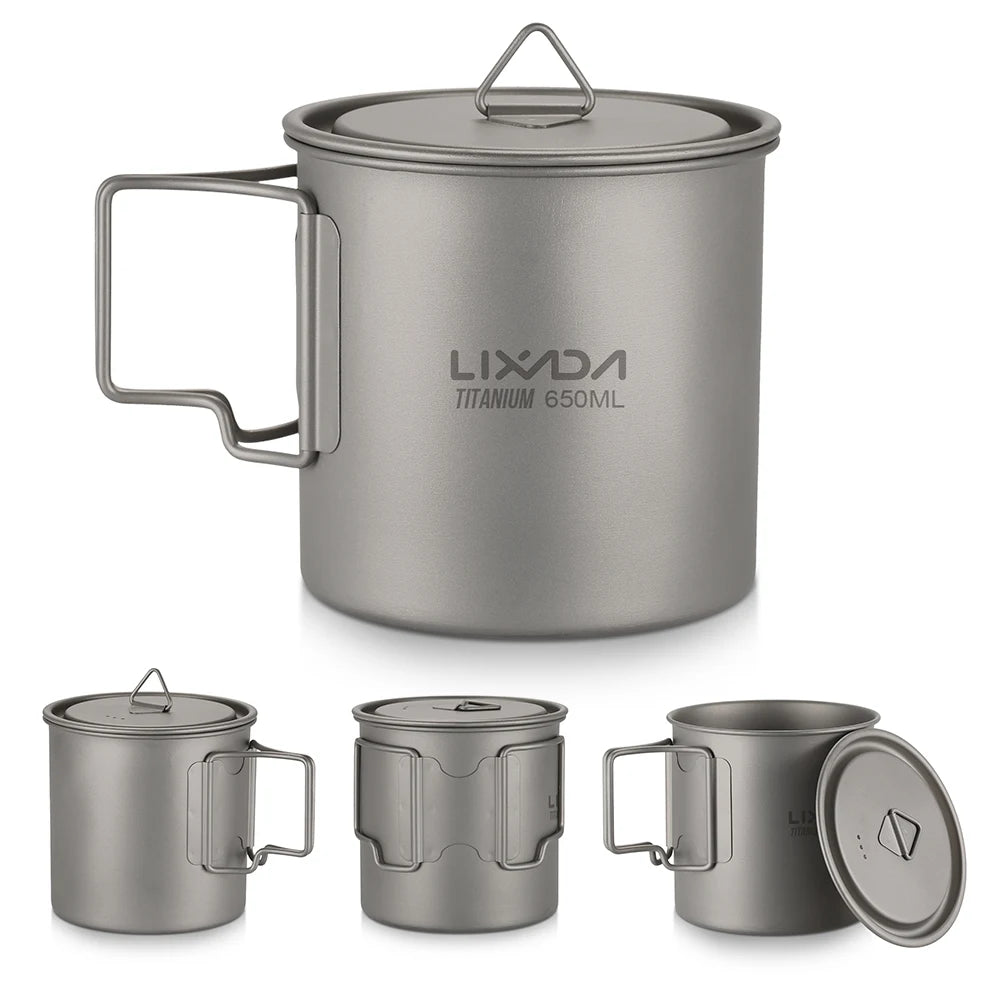 Taza de agua ultraligera de titanio Lixada con asa plegable, portátil para exteriores, camping, picnic, 300 ml/350 ml/550 ml/650 ml