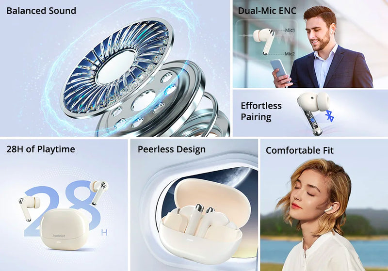 Auriculares inalámbricos Bluetooth Tronsmart Sounfii R4 con reducción de ruido de llamadas de cuatro micrófonos y 28 horas de reproducción.