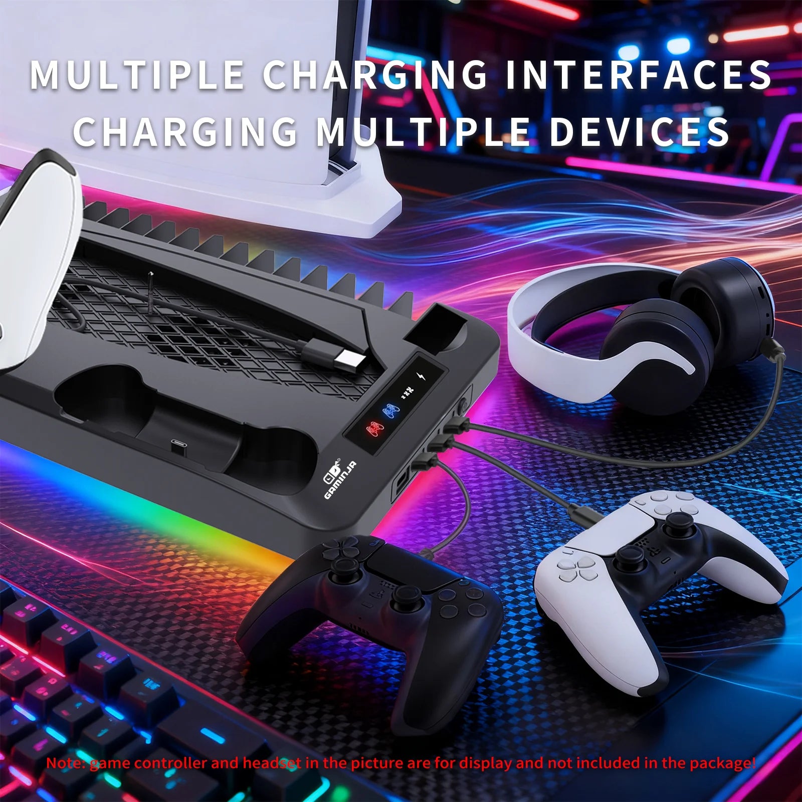GAMINJA Host Heat Dissipation Base For PS5 With 7 Color Light Effect Headphone Hook Game Disc Storage Rack Handle Charging Stand