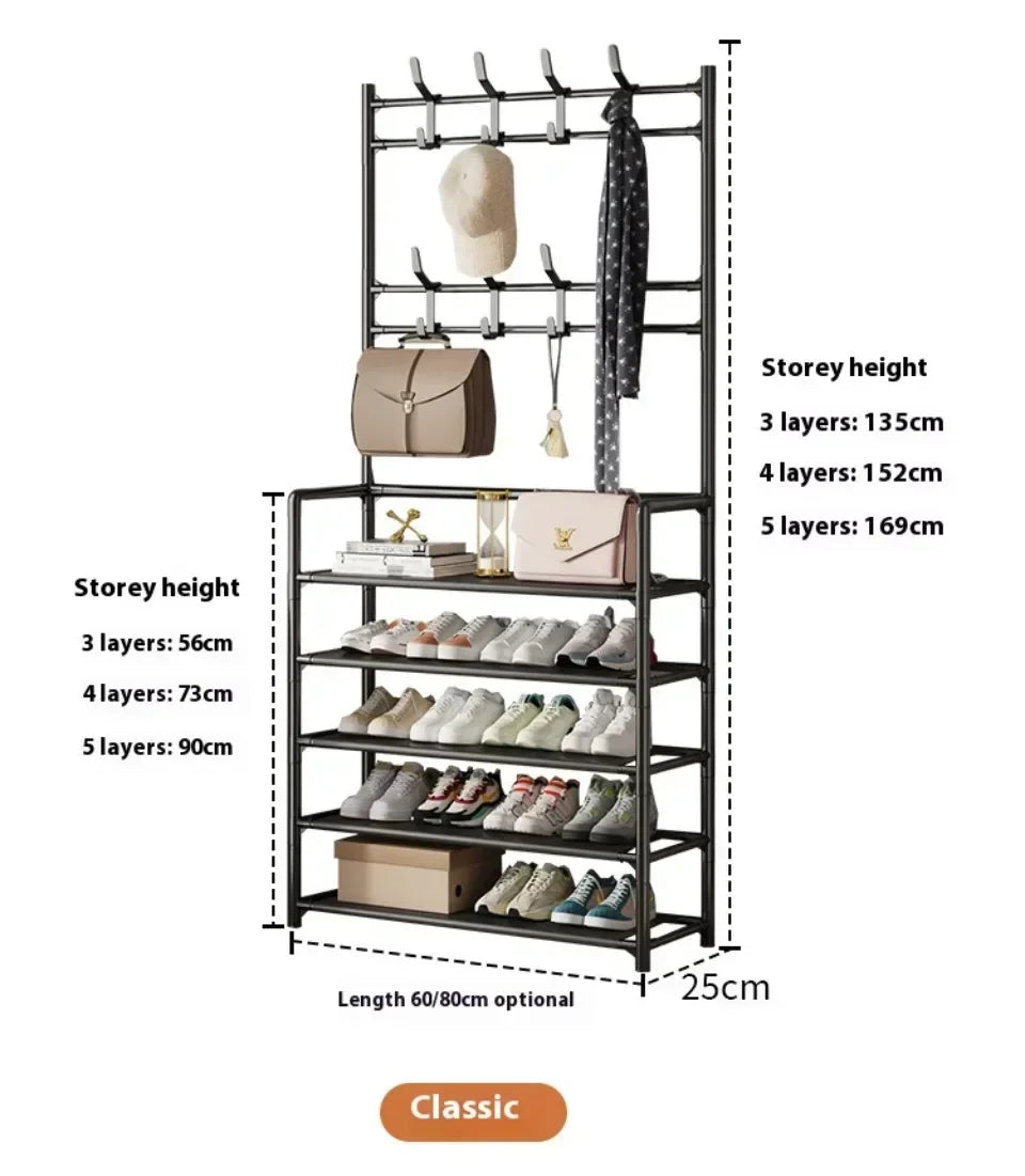 Zapatero de múltiples capas para el hogar, perchero integrado para abrigos y sombreros, puerta para zapatos, estante multifuncional simple