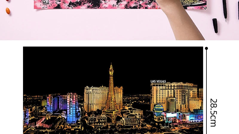 Scratch Art Paper Set 2 Sheets World Landmark Night Scene with Stylus DIY Crafts Stress Relief Creative Painting Adult Kids Gift