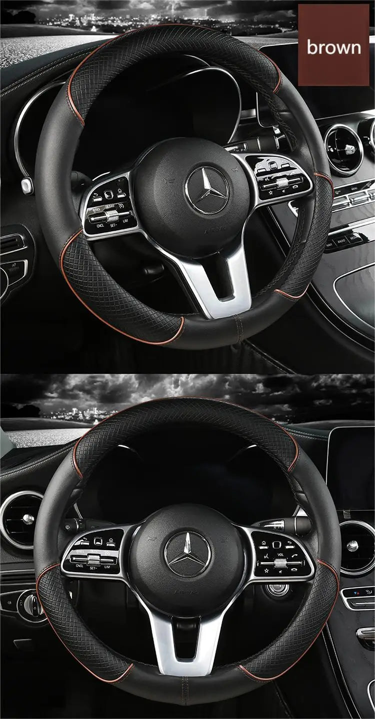 All Seasons Leather Diamond Steering Wheel Cover Universal Fit for 14 .5-15 Inch Durable Leather Cover Anti-Slip Veins Design