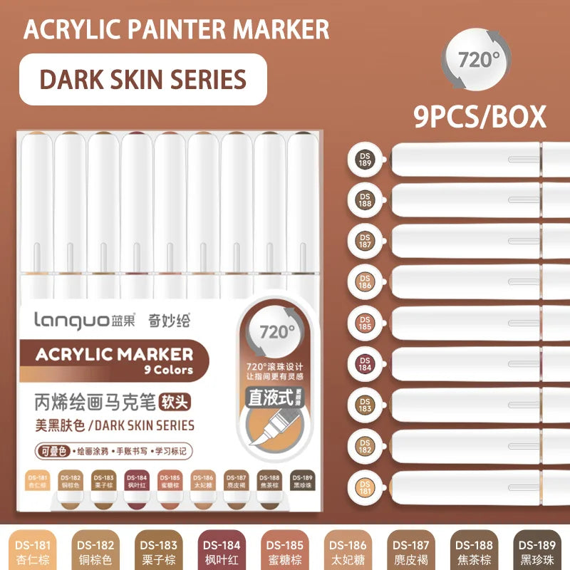 Languo 9pcs/box Soft Brush Acrylic Marker Pen Set，DIY Hand Drawn,Paint Art Markers pens,Student Graffiti Acrylic Paint Pens,M720