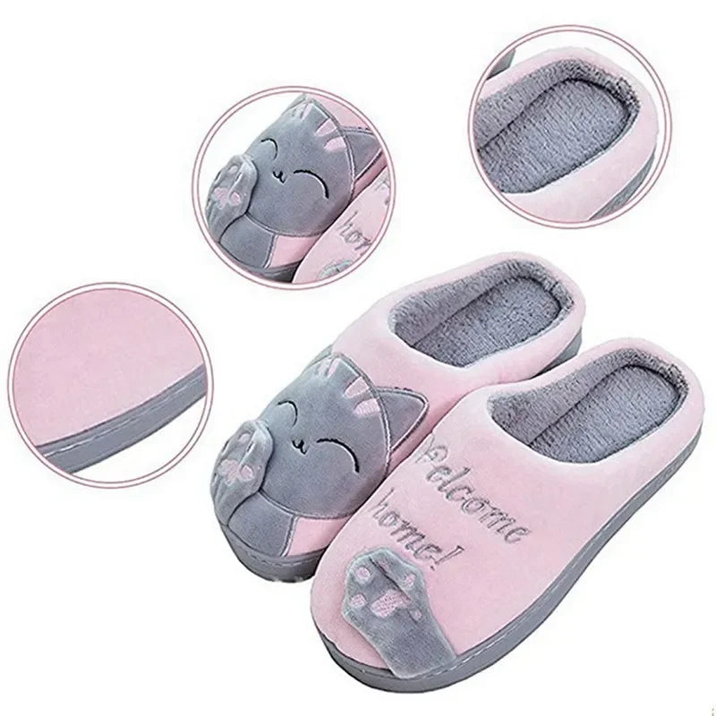 Women's Winter Warm Slippers Cartoon Cat Shoes Furry Plush Slides Round Toe Flats Indoor Home Bedroom Floor Slippers Ladies Shoes