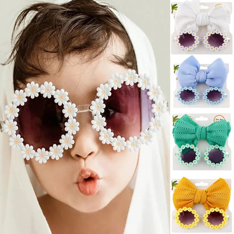 2Pcs Elastic Nylon Baby Headband Daisy With Flower Sunglasses Bohemia Beach Seaside Sun Glasses Kids Puff Bow Headwear