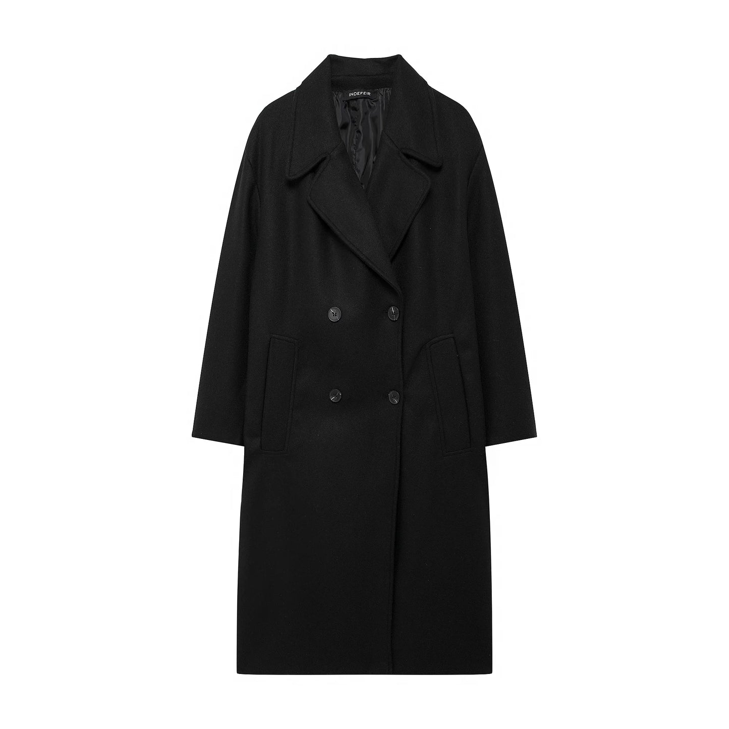TRAFZA 2024 Autumn New Women Loose Coat Lapel Double Breasted Long Sleeve Jacket Winter Warm Thick Vintage Solid Trench Outwear