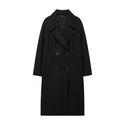 TRAFZA 2024 Autumn New Women Loose Coat Lapel Double Breasted Long Sleeve Jacket Winter Warm Thick Vintage Solid Trench Outwear