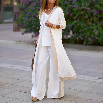 Solid Loose Spring Autumn Casual Three Piece Set Women's Office V-Neck Matching Suit Female Straight Pants Streetwear 3Pc Suit