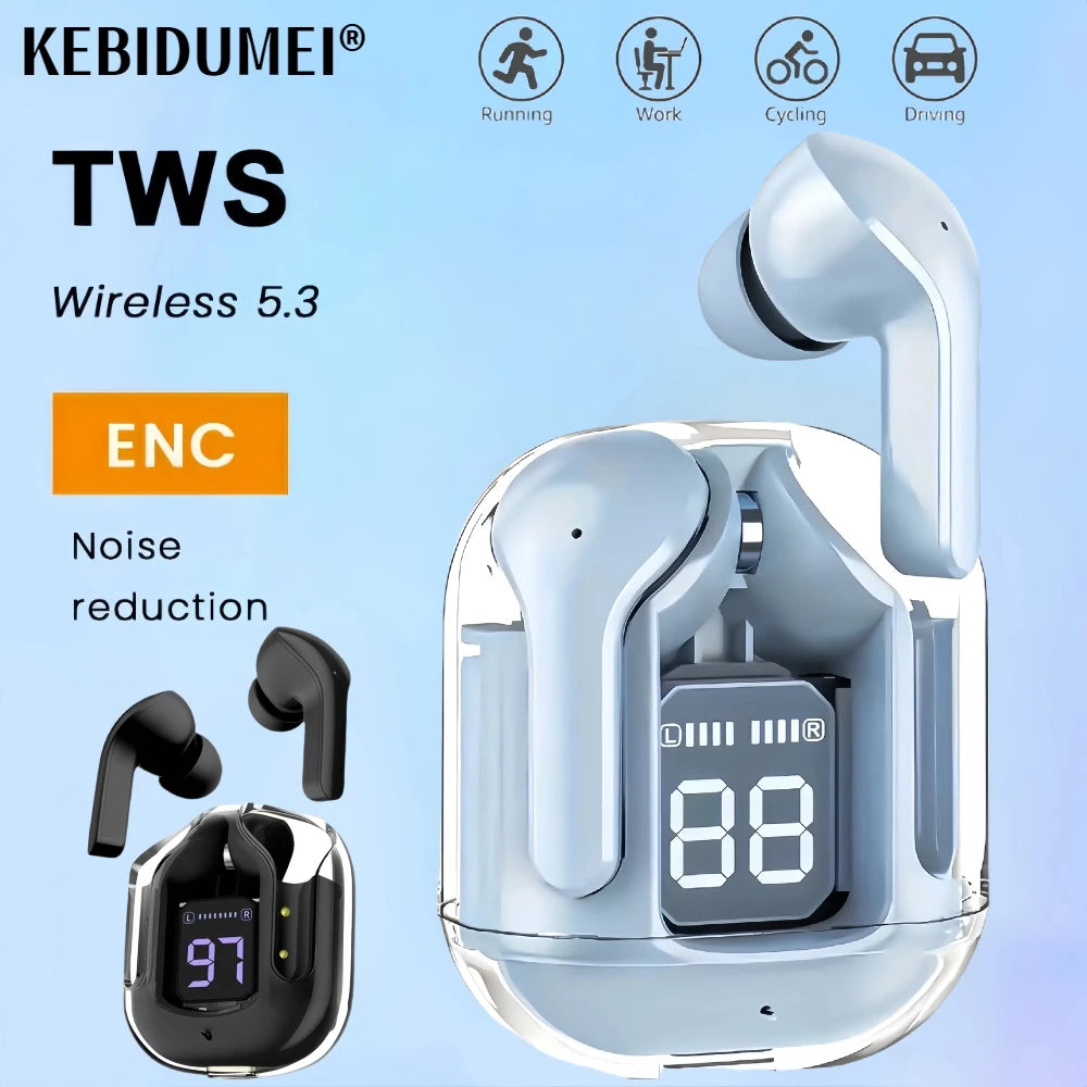 Auriculares inalámbricos TWS con Bluetooth 5.3, auriculares deportivos para juegos, reducción de ruido, graves, control táctil para todos los teléfonos.